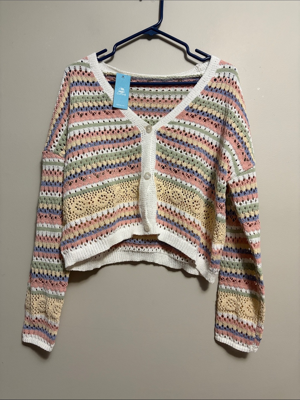 Cupshe Candy Striped Long Sleeve Cropped Knit Cardigan Large Pastel - Picture 3 of 6